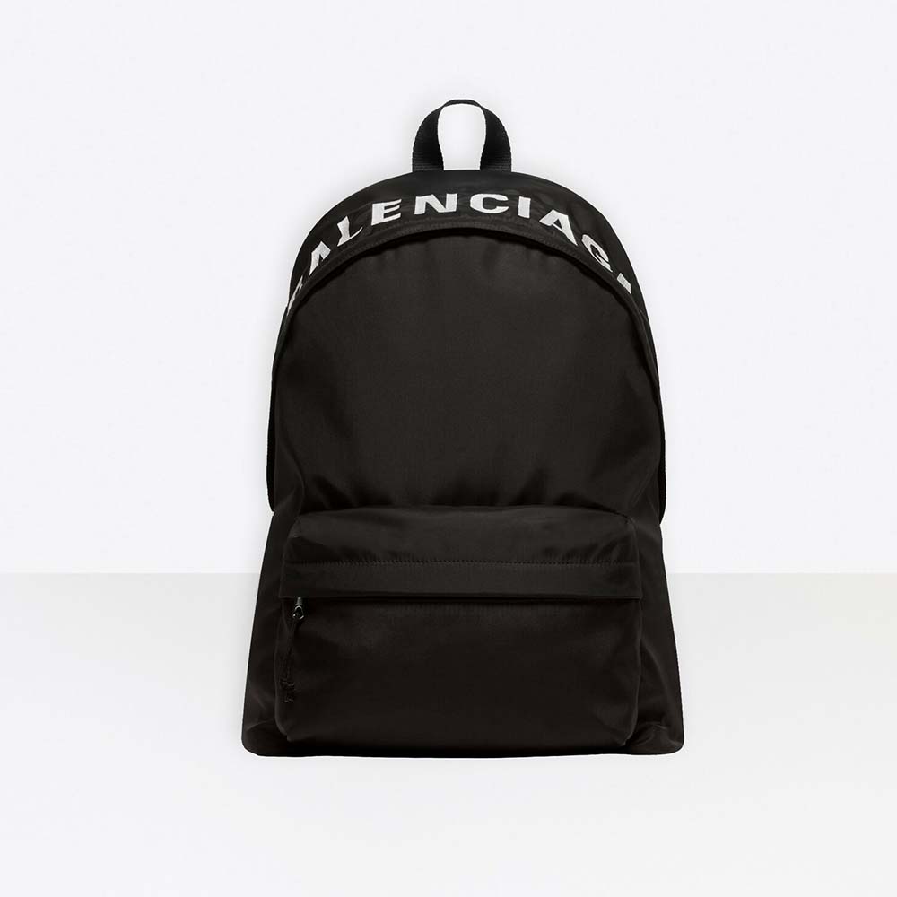 Front view of Balenciaga Men Wheel Backpack black recycled nylon