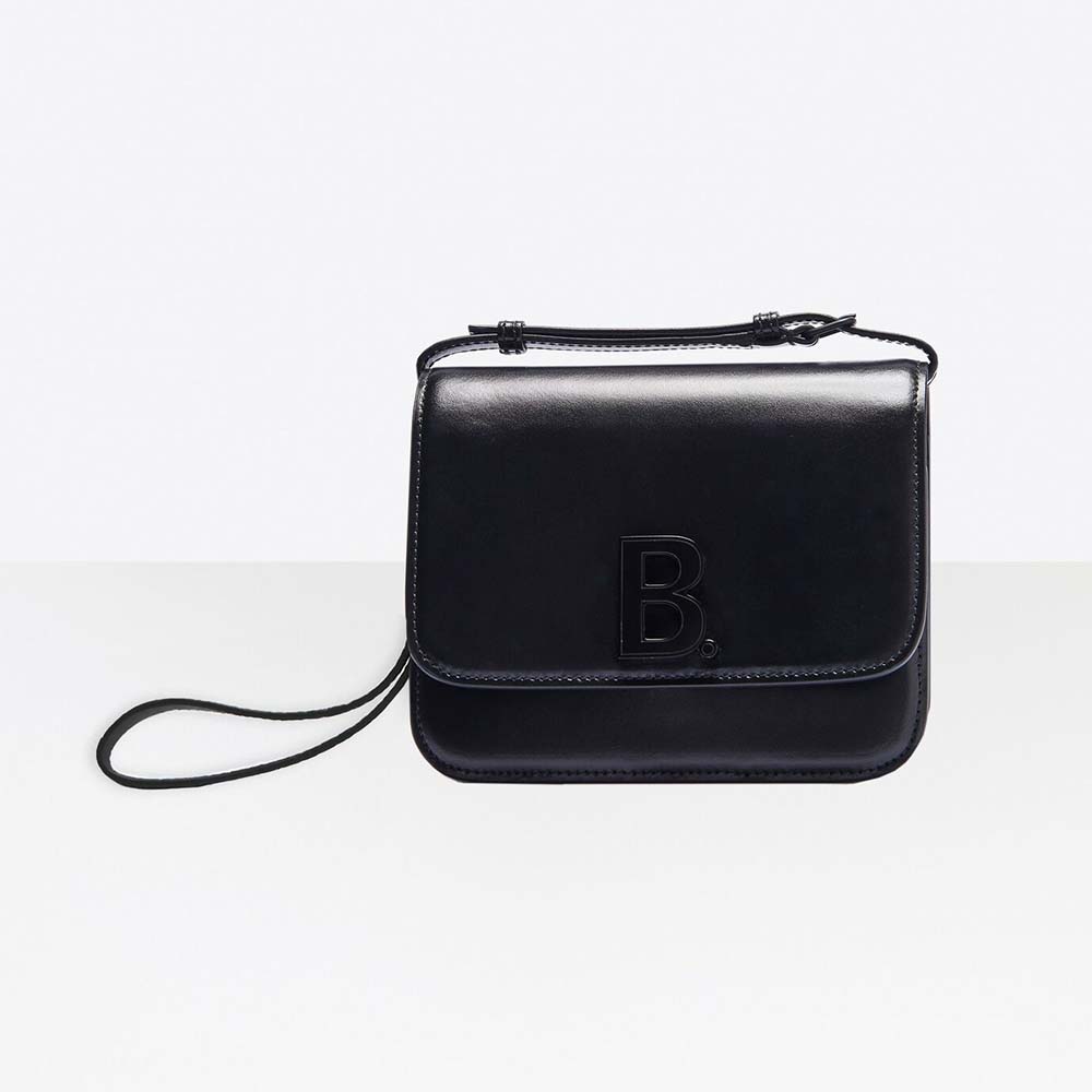 Front view of Balenciaga Women B Small Bag in black shiny calfskin