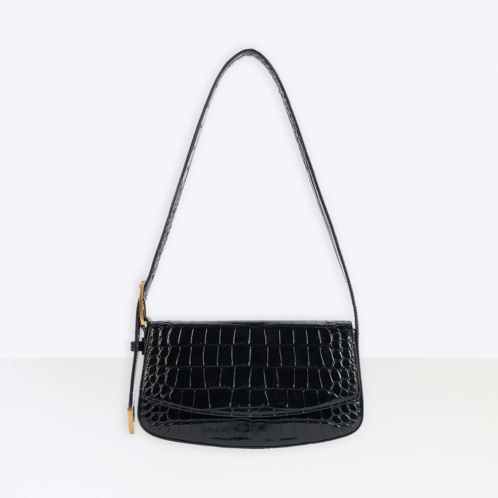 Front view of Balenciaga Women Ghost Sling Bag black crocodile embossed calfskin