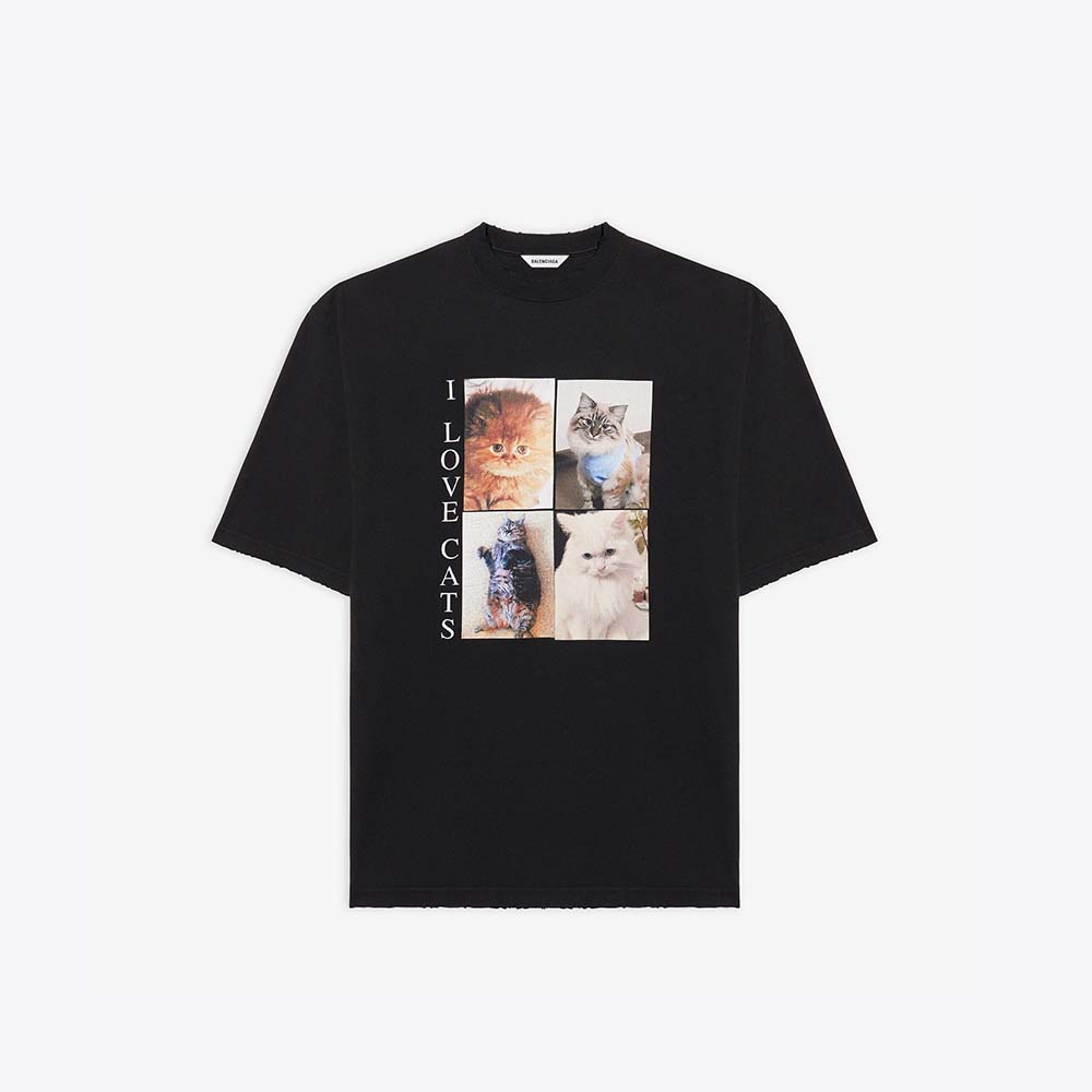 Front view of Balenciaga Men I Love Cats XL T-Shirt in Black