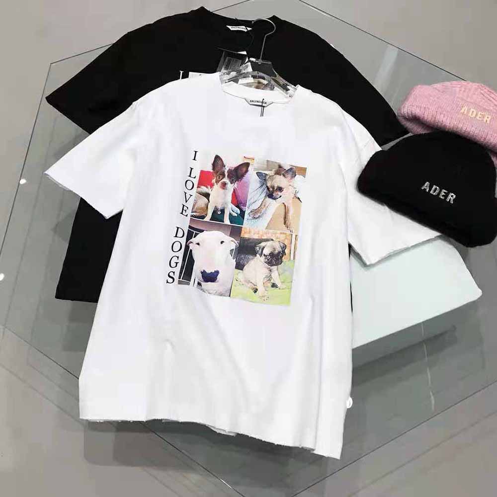 Close-up of multicolor ‘I Love Dogs’ graphic on Balenciaga T-shirt