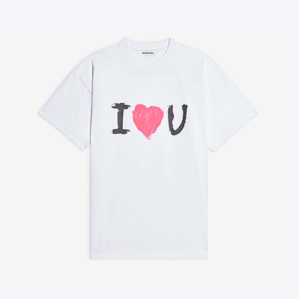 Front view of Balenciaga Men I Love U Medium Fit T-shirt in white vintage jersey