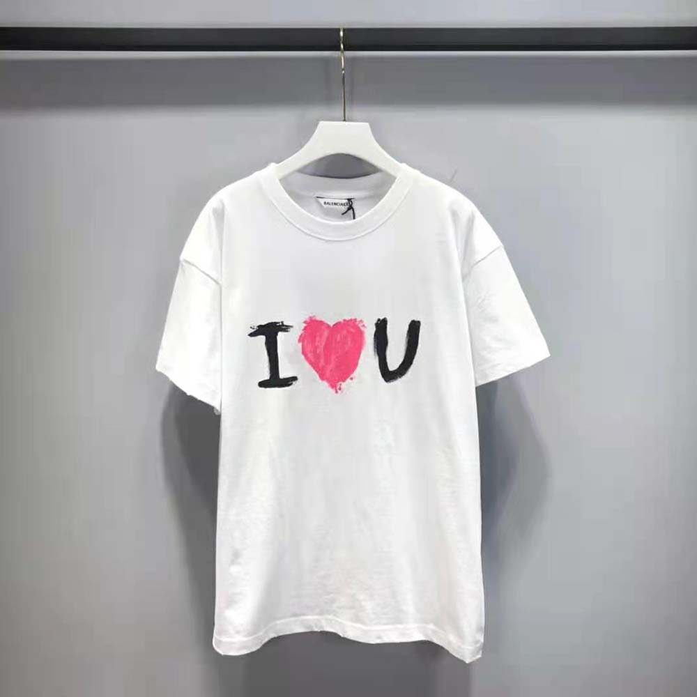 Close-up of embroidered 'I Love U' detail on Balenciaga white medium fit T-shirt