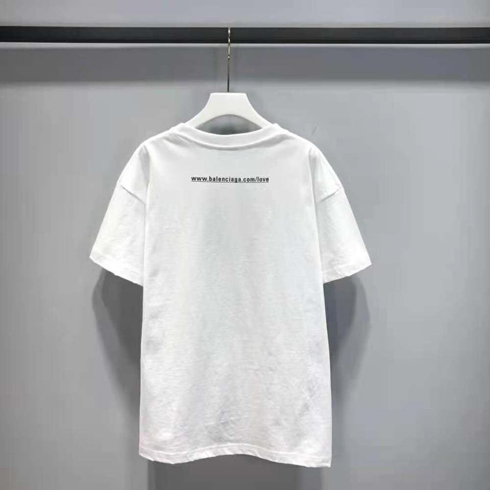 Side angle showing medium fit silhouette of Balenciaga Men I Love U white T-shirt