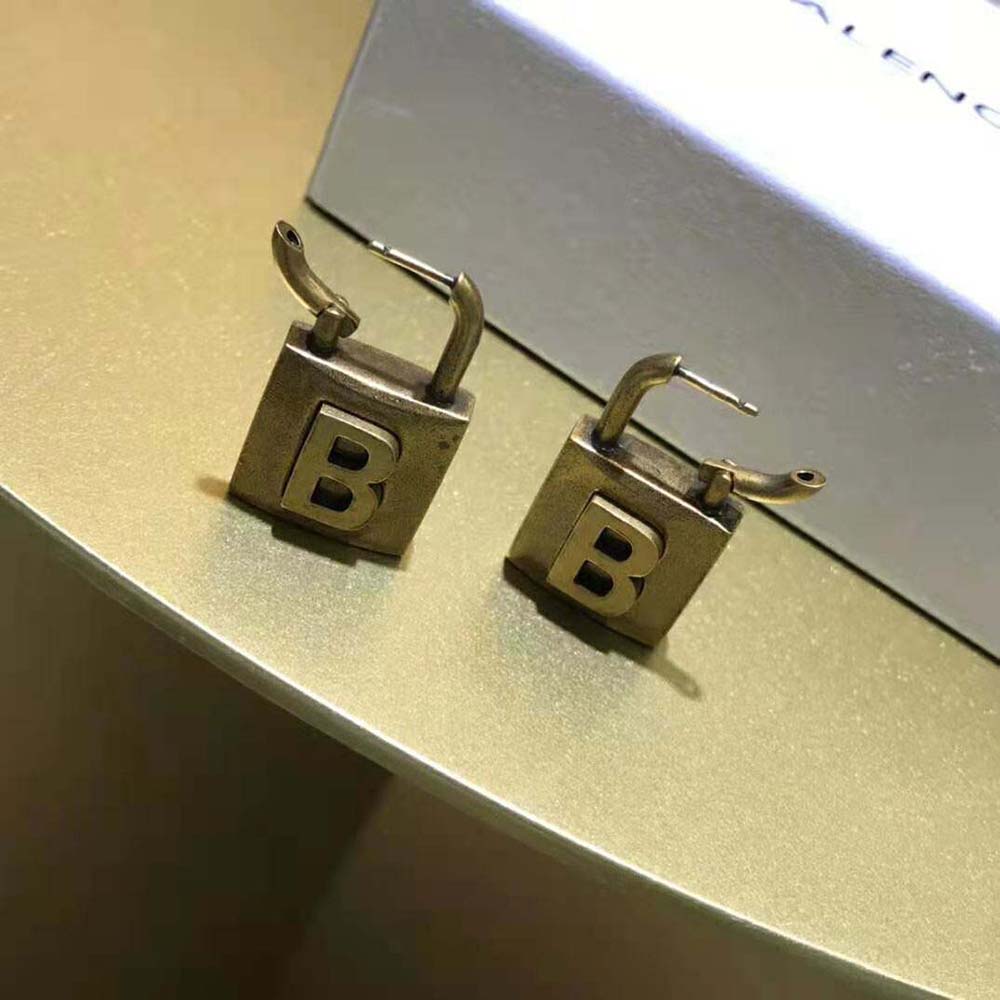 Balenciaga Women Lock Small Earrings in Aged-Gold Brass - image 5