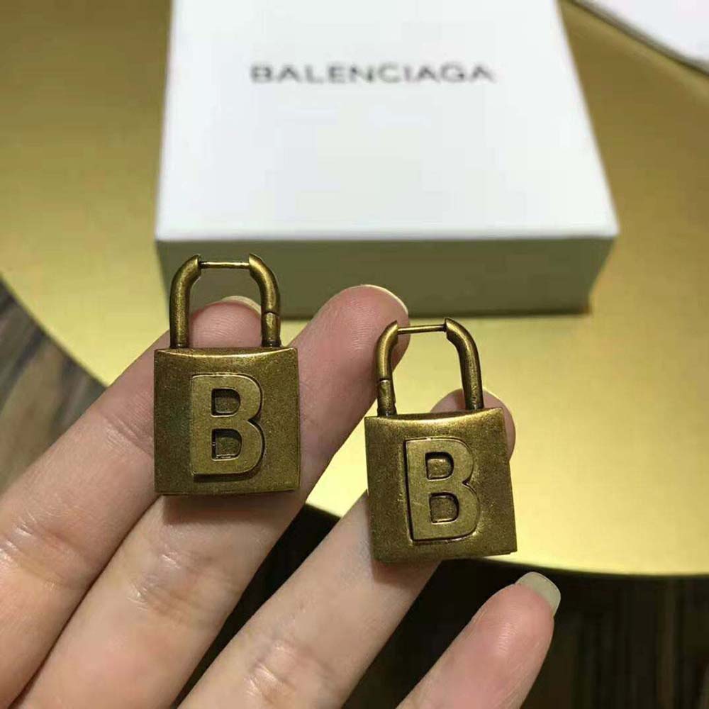 Balenciaga Women Lock Small Earrings in Aged-Gold Brass - image 6
