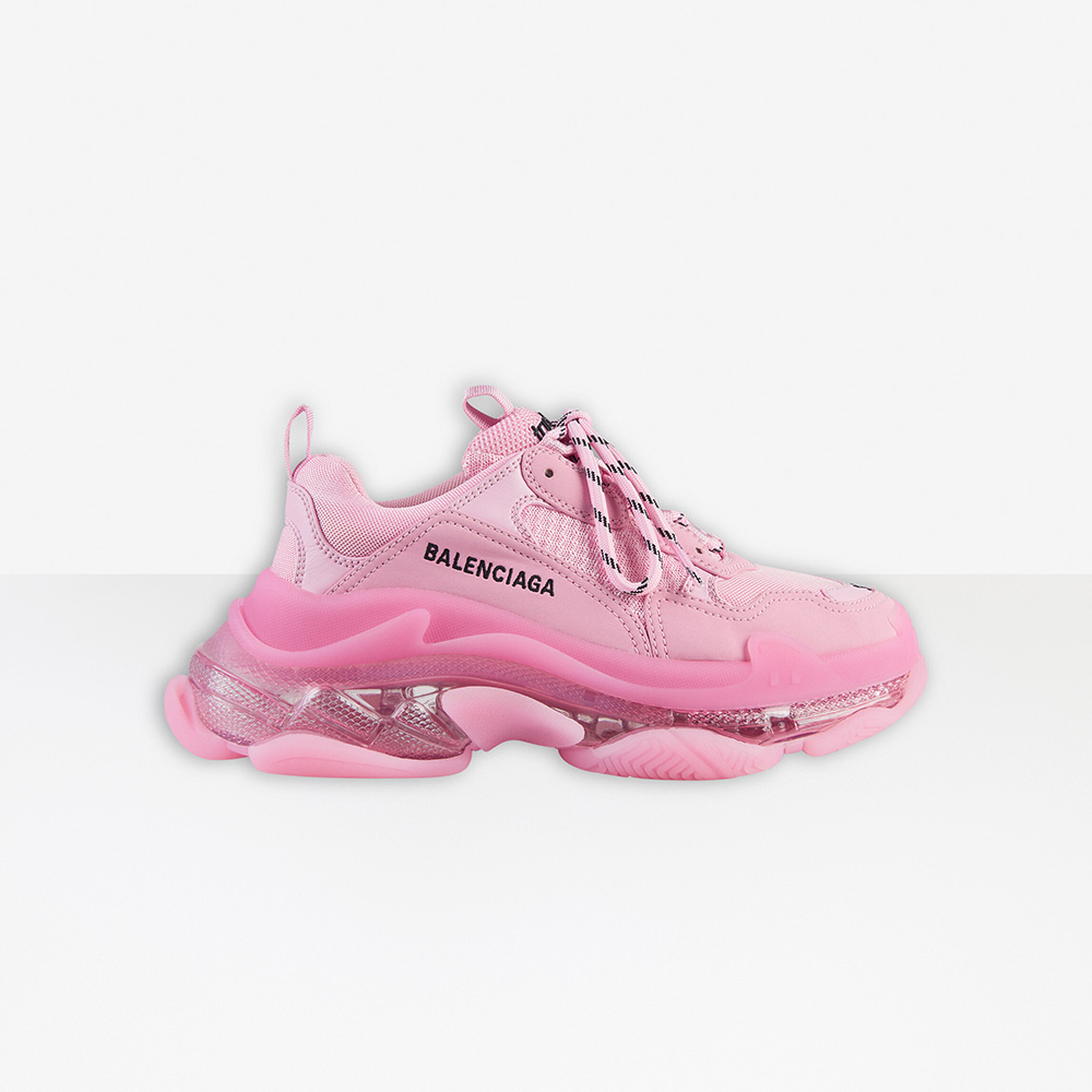 Side view of Balenciaga Women Triple S Clear Sole Sneaker in light pink