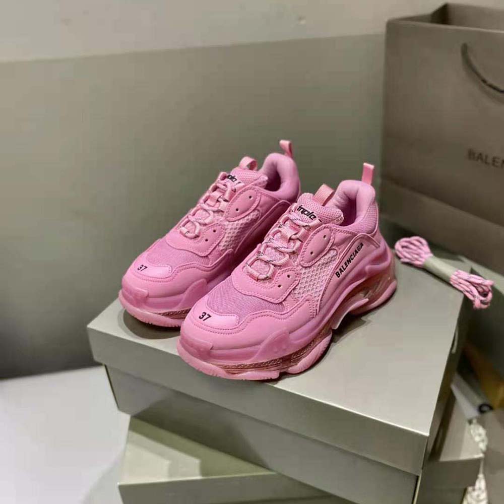 Close-up of clear sole and pink mesh on Balenciaga Women Triple S Sneaker