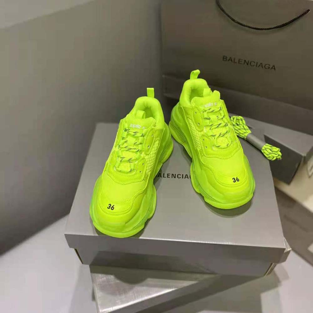 Overhead view showcasing clear sole and vibrant colors on Balenciaga Triple S sneaker