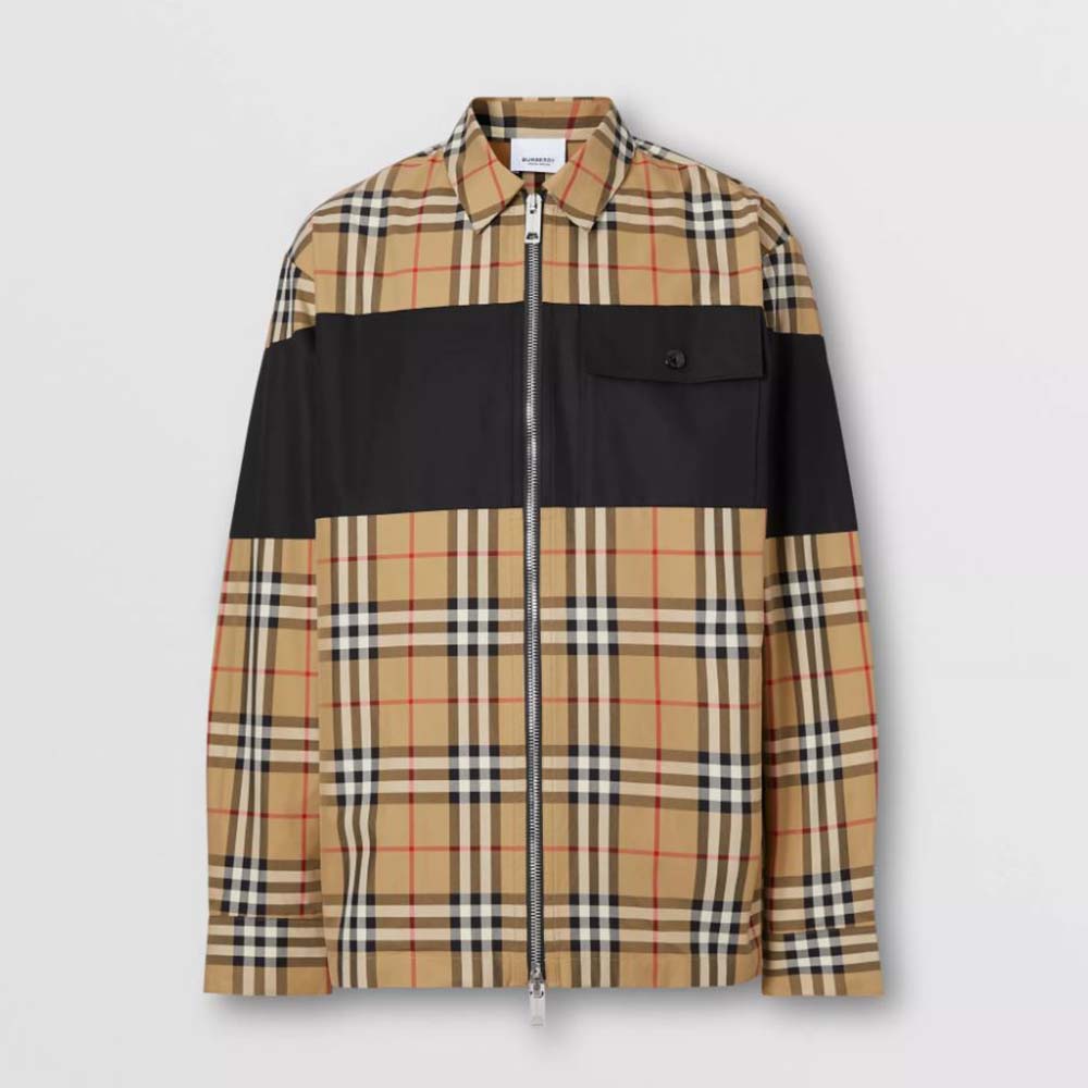Front view of Burberry Women Contrast Panel Check Cotton Shirt in brown