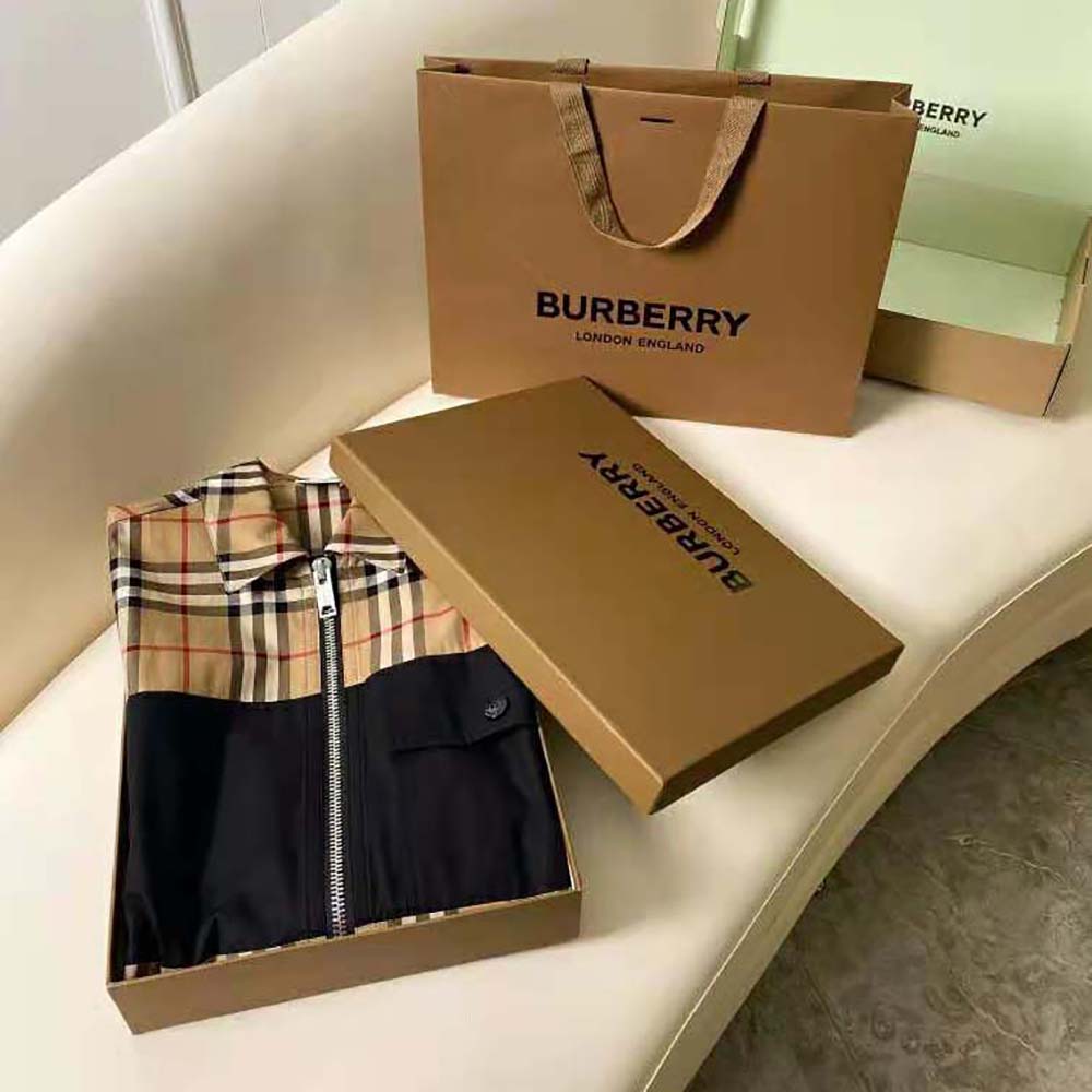 Close-up of Burberry check contrast panels on cotton shirt