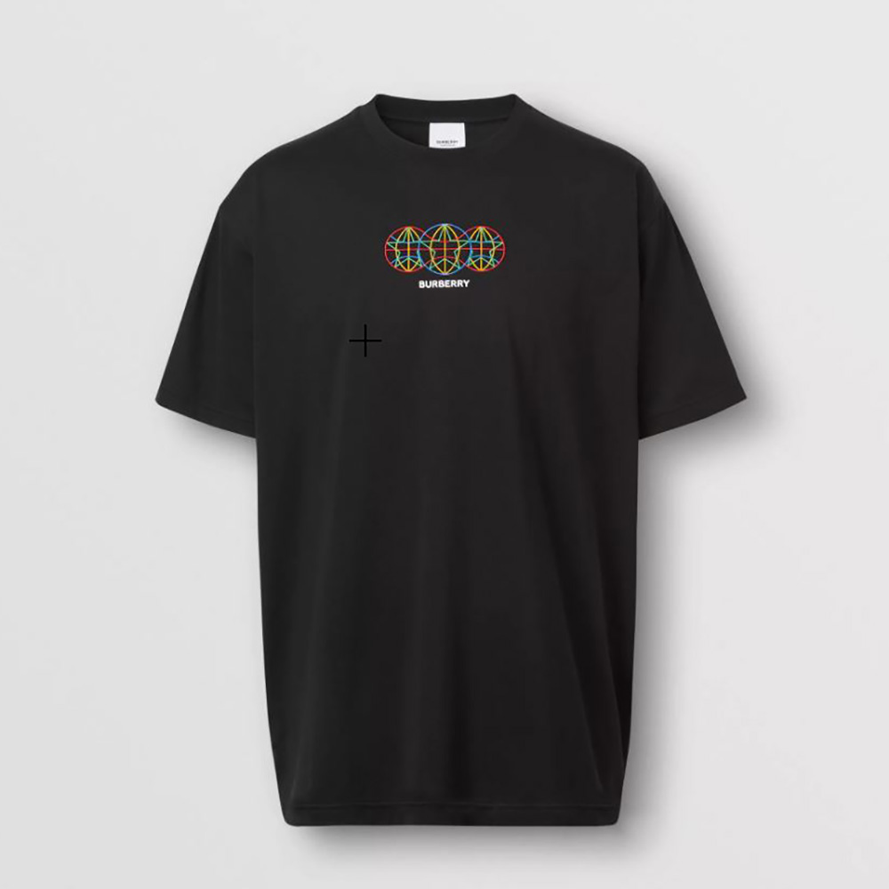 Front view of Burberry Men Embroidered Globe Graphic Cotton Oversized T-shirt black colour