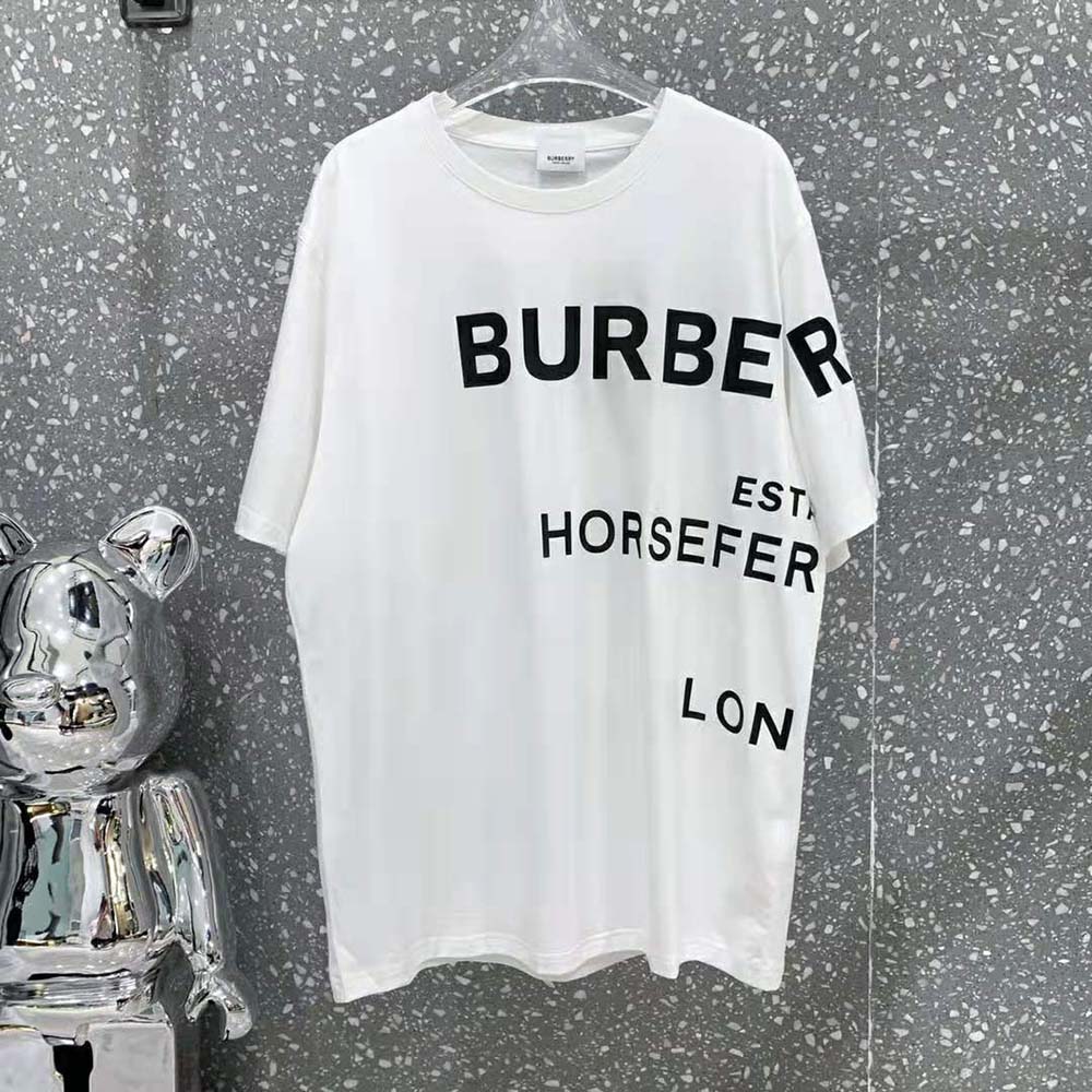 Close detail of Horseferry print on Burberry oversized white T-shirt