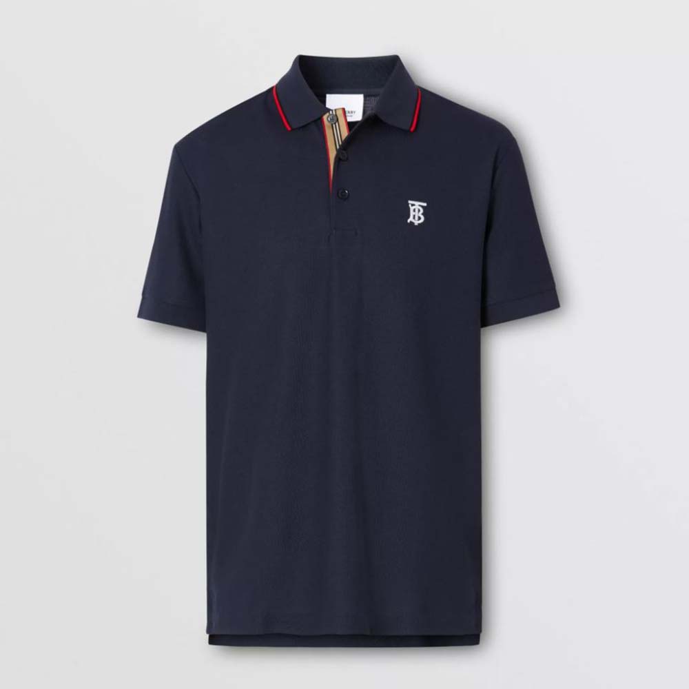 Front view of Burberry Men Icon Stripe Placket Cotton Piqué Polo Shirt-Navy