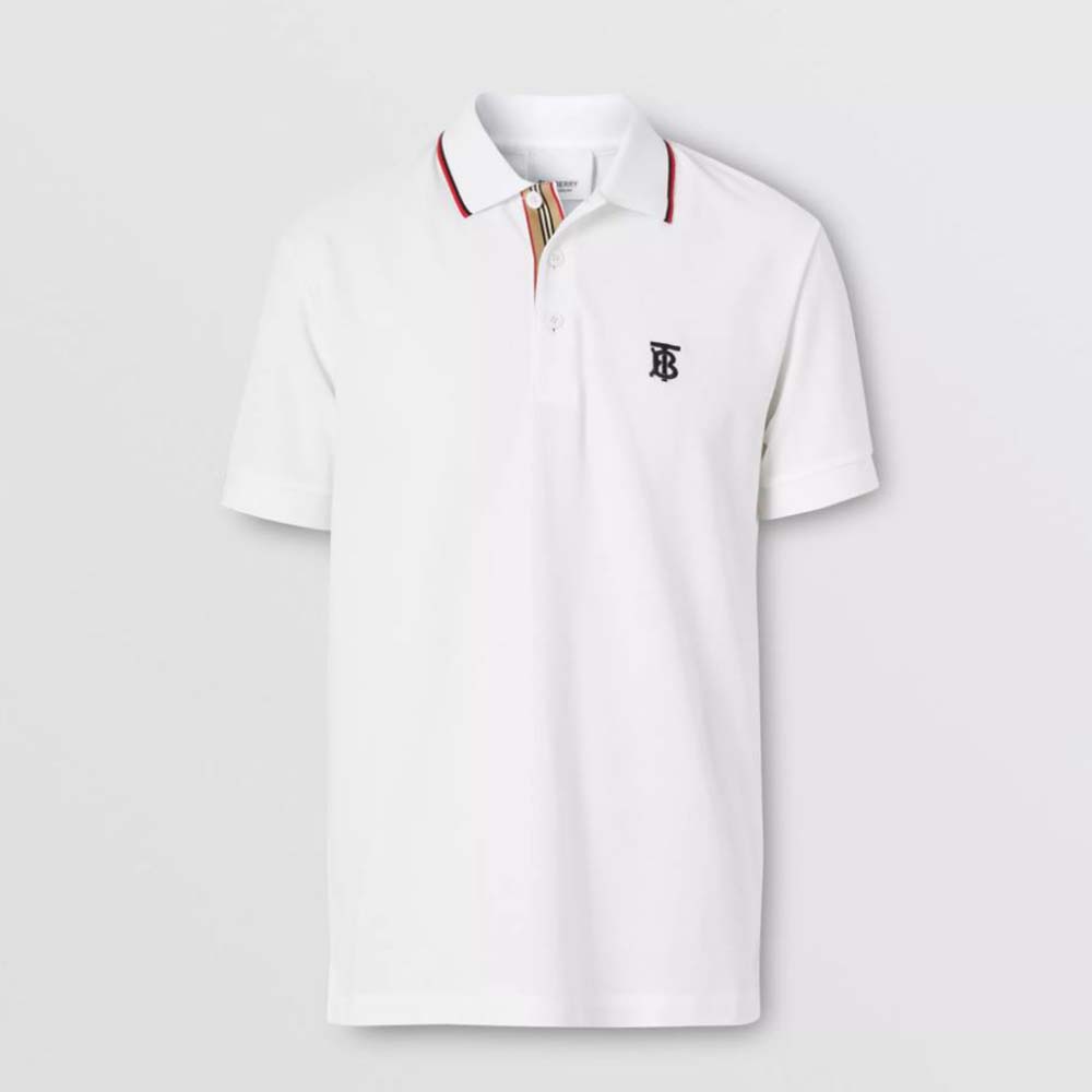 Front view of Burberry Men Icon Stripe Placket Cotton Pique Polo Shirt-White