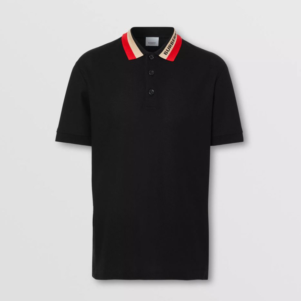 Front view of Burberry Men Logo Detail Cotton Pique Polo Shirt-Black