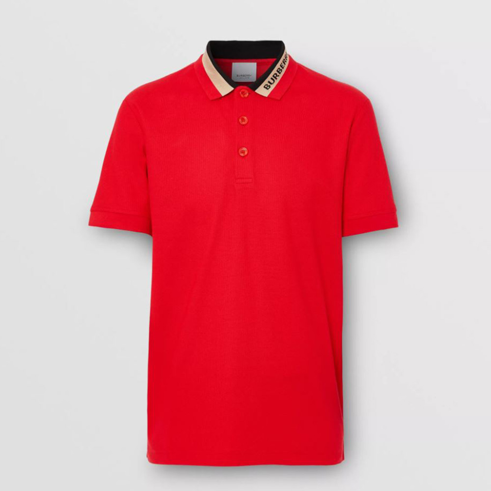 Front view of Burberry Men Logo Detail Cotton Pique Polo Shirt-Red
