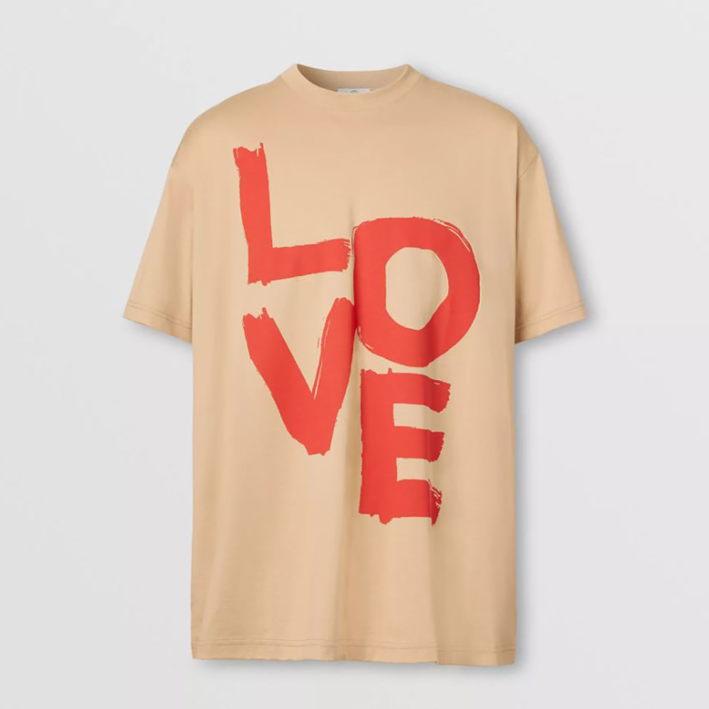 Front view of Burberry Women Love Print Cotton Oversized T-shirt in sandy colour