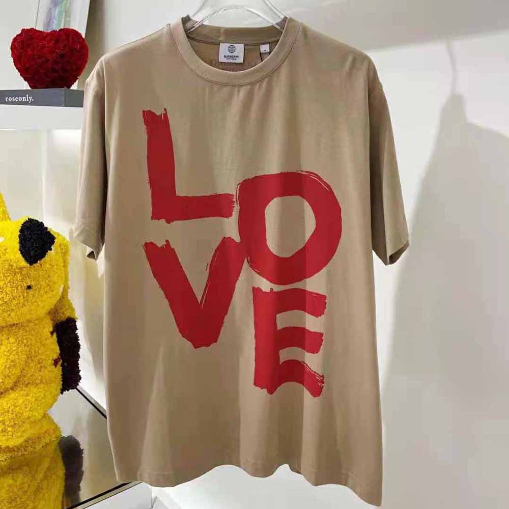 Close-up of Burberry Love print detail on cotton oversized T-shirt