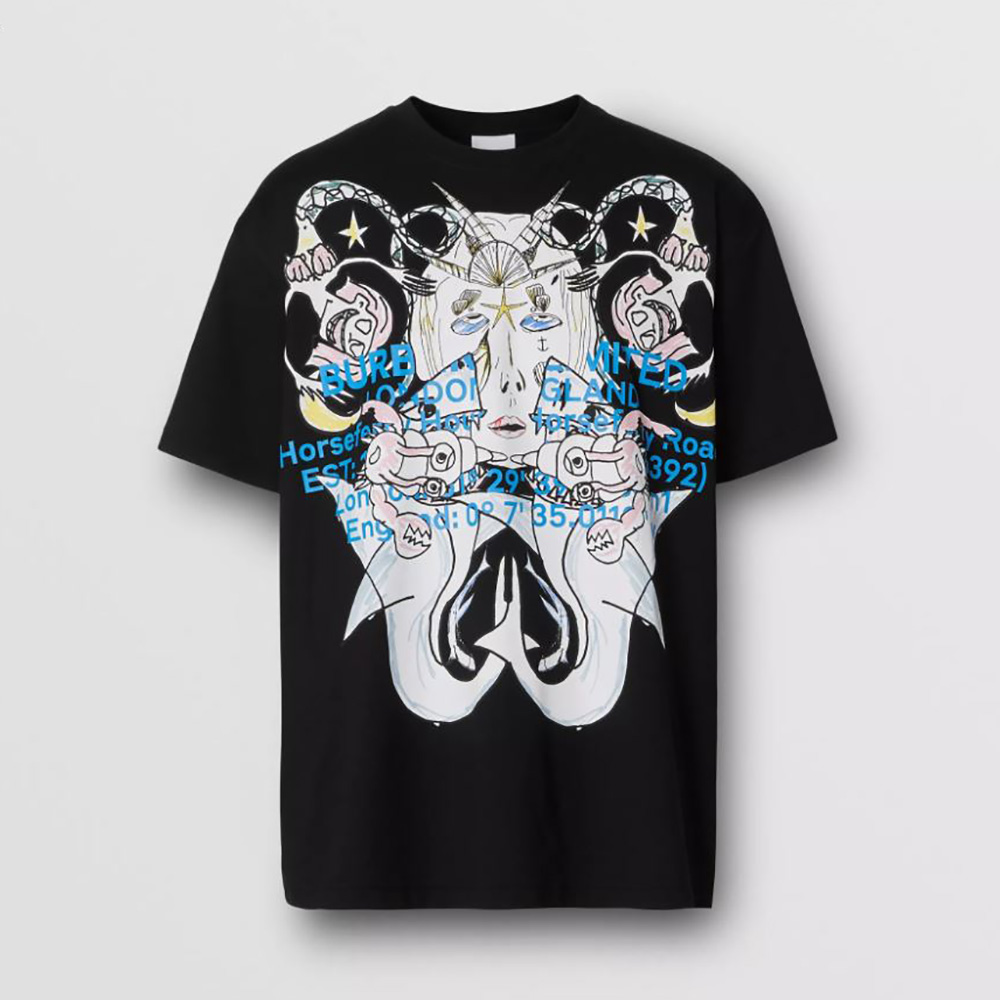 Front view of Burberry Men Montage Print Cotton Oversized T-shirt-Black