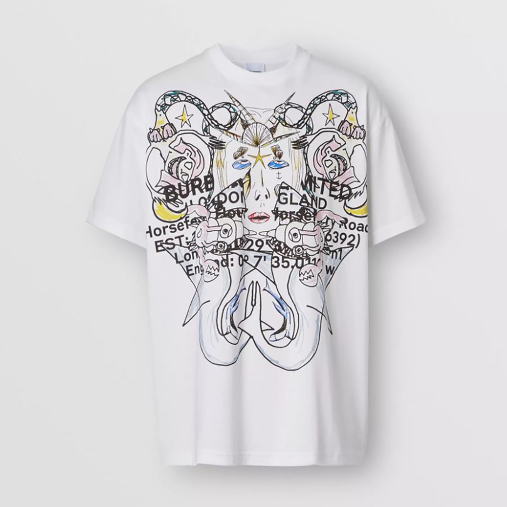 Front view of Burberry Men Montage Print Cotton Oversized T-shirt-White