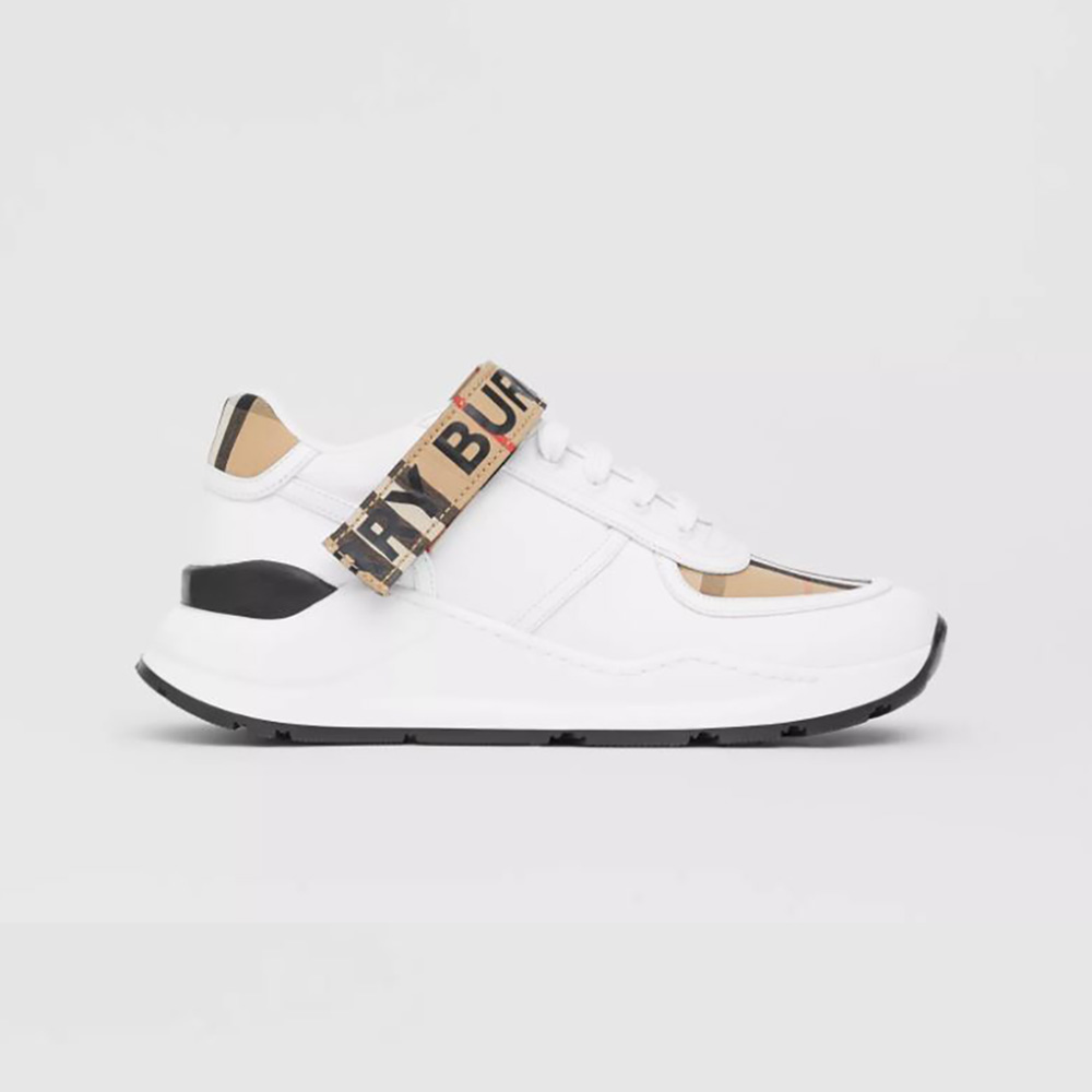 Front angle view of Burberry Unisex Logo Detail Leather and Nylon Sneakers-White