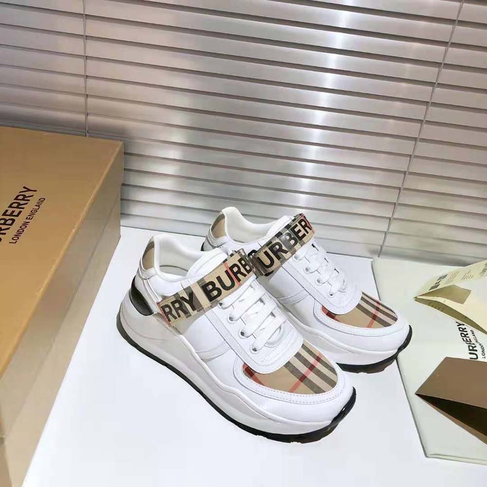 Burberry Unisex Logo Detail Leather and Nylon Sneakers-White - image 4