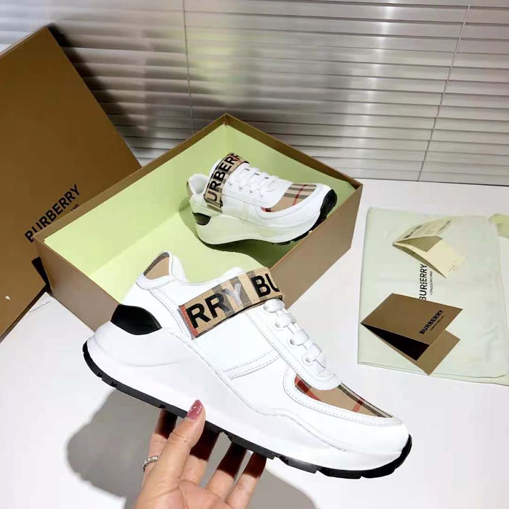Side profile showcasing silhouette of Burberry Unisex Logo Detail Sneakers-White