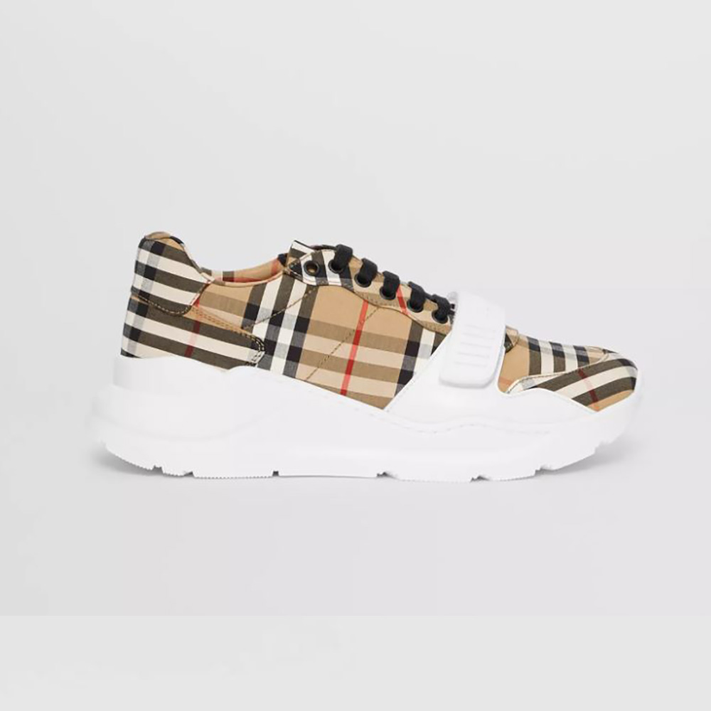 Front angle of Burberry Unisex Vintage Check Cotton Sneakers in brown