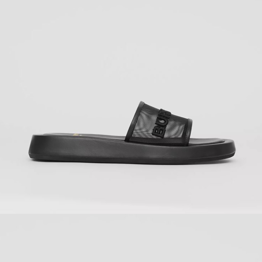Side view of Burberry Women Embroidered Logo Mesh and Leather Slides in black