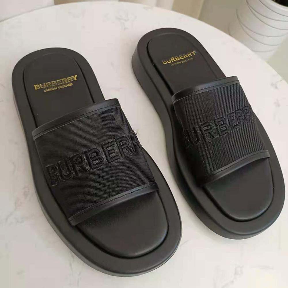 Burberry Women Embroidered Logo Mesh and Leather Slides - image 9
