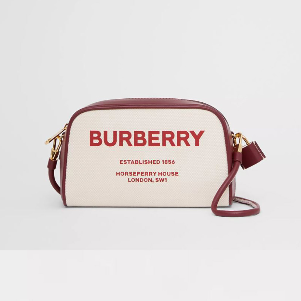 Front view of Burberry Women Horseferry Print Canvas Half Cube Crossbody Bag in white