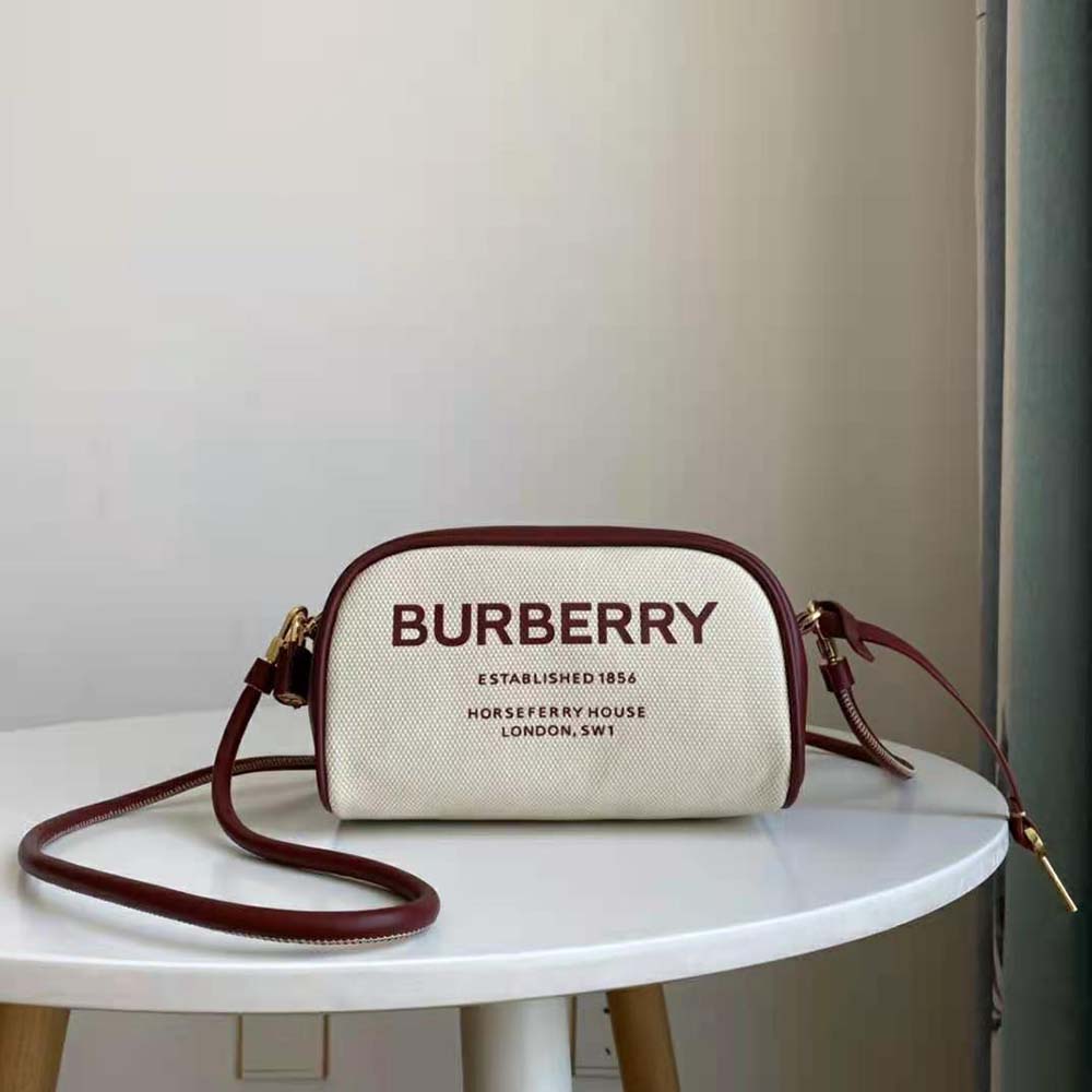 Close-up detail of gold-tone hardware on Burberry Women Horseferry Print Canvas Half Cube Crossbody Bag