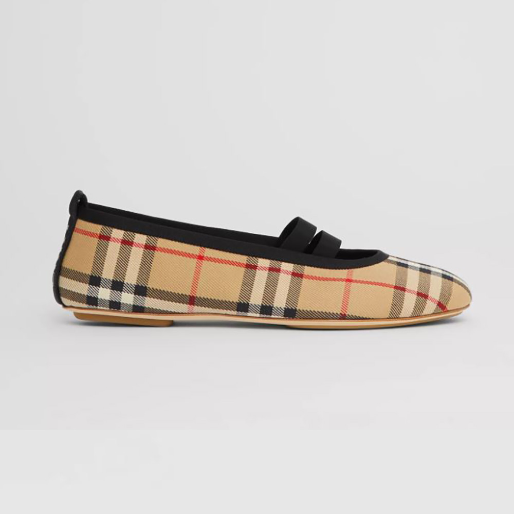 Side view of Burberry Women Logo Detail Vintage Check Cotton Ballerinas-Brown