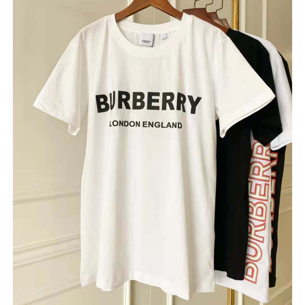 Close-up of Burberry logo print detail on white cotton T-shirt