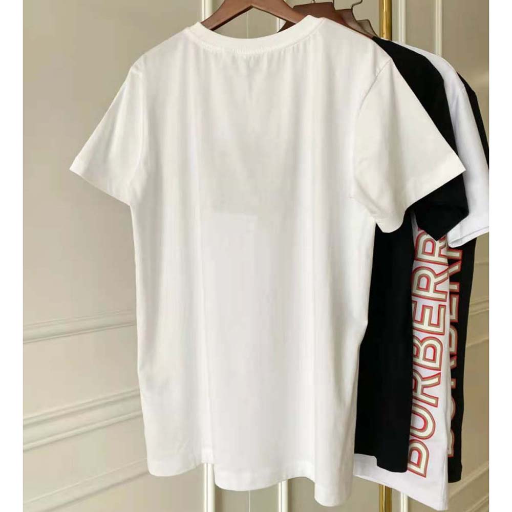 Side angle of Burberry Women Logo Print Cotton T-shirt-White with relaxed fit