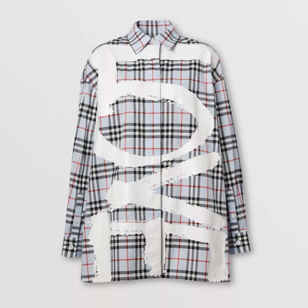 Front view of Burberry Men Love Print Vintage Check Cotton Oversized Shirt