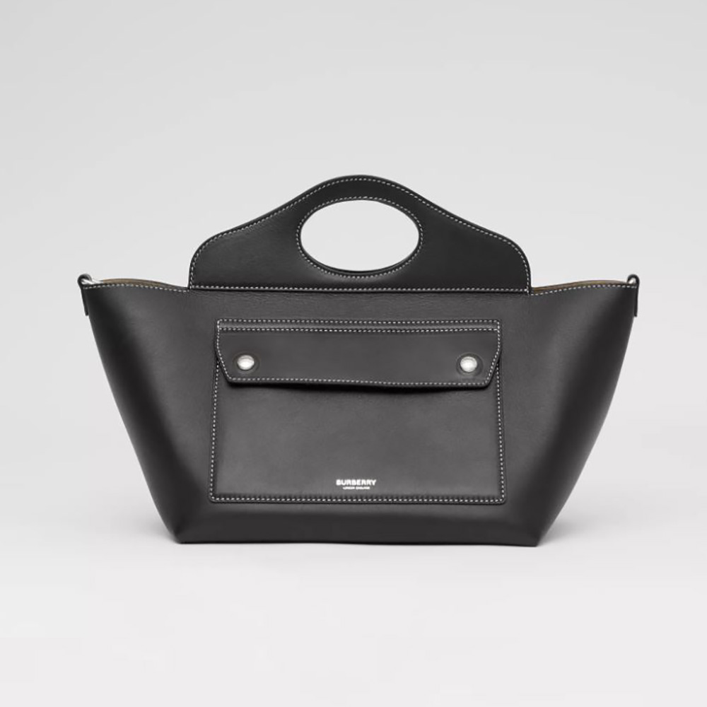 Front view of Burberry Women Mini Leather Soft Pocket Tote-Black