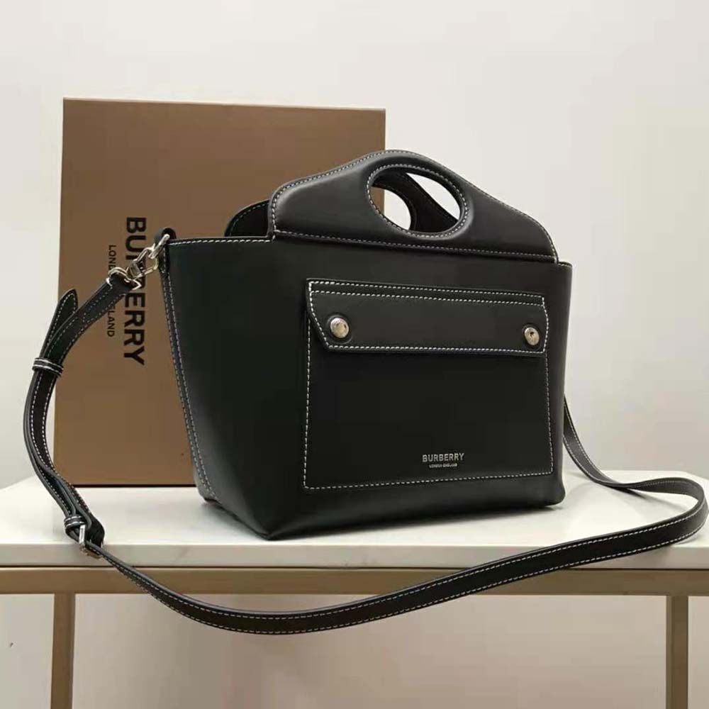Burberry Women Mini Leather Soft Pocket Tote-Black - image 4