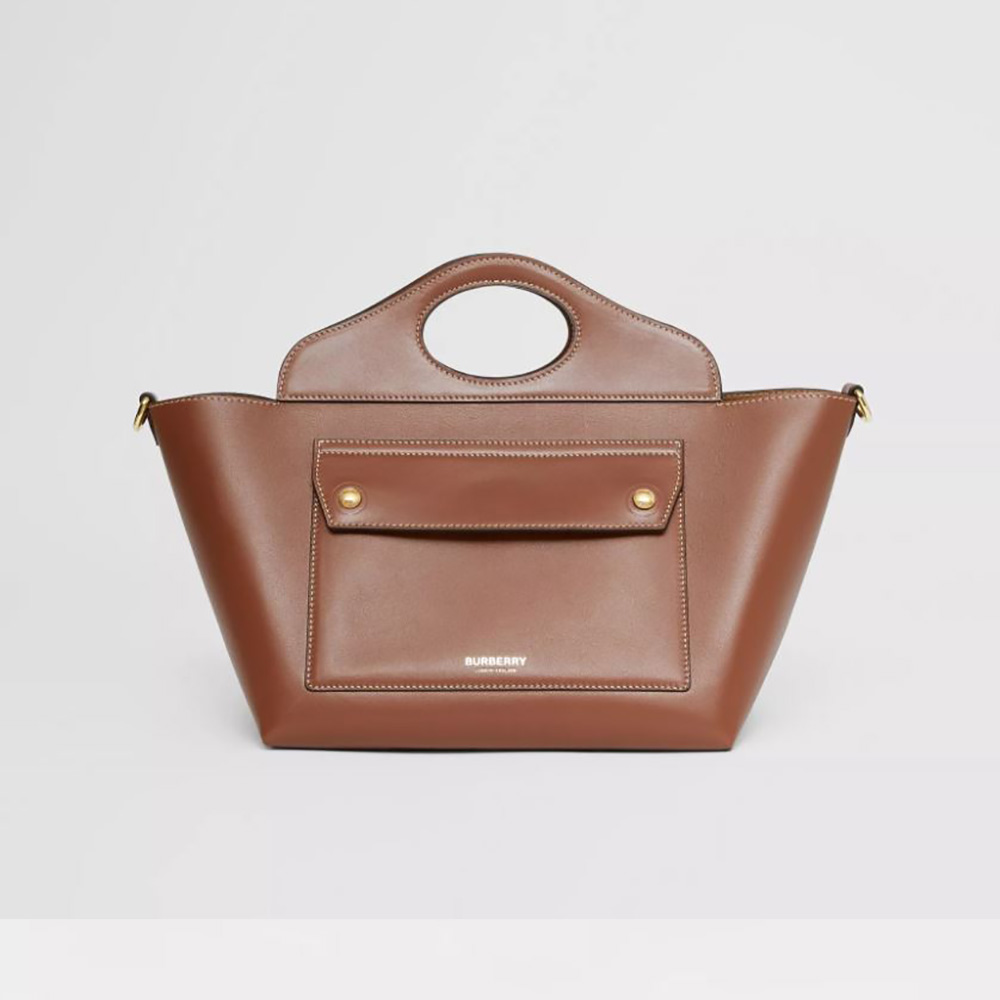 Front view of Burberry Women Mini Leather Soft Pocket Tote-Brown