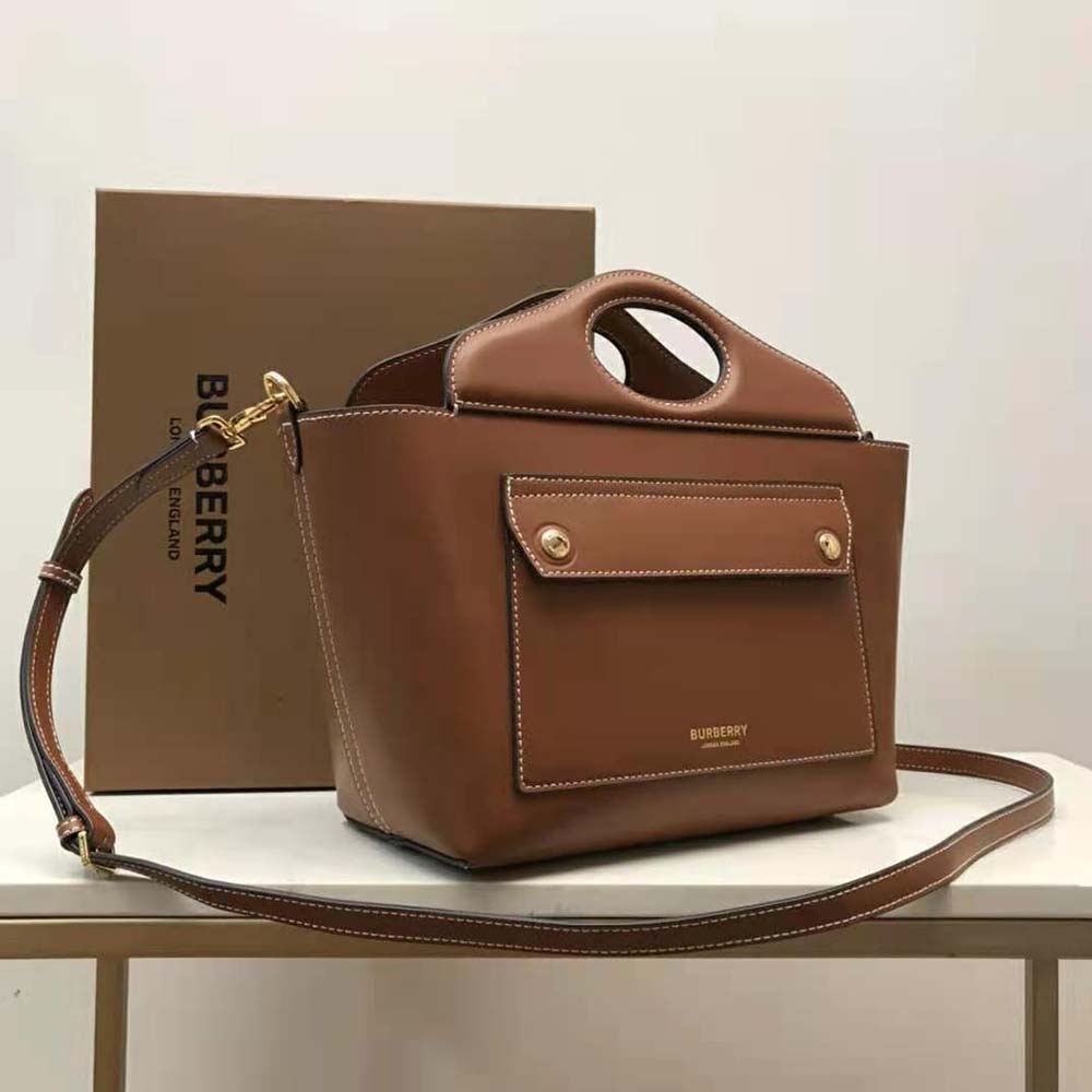 Burberry Women Mini Leather Soft Pocket Tote-Brown - image 4