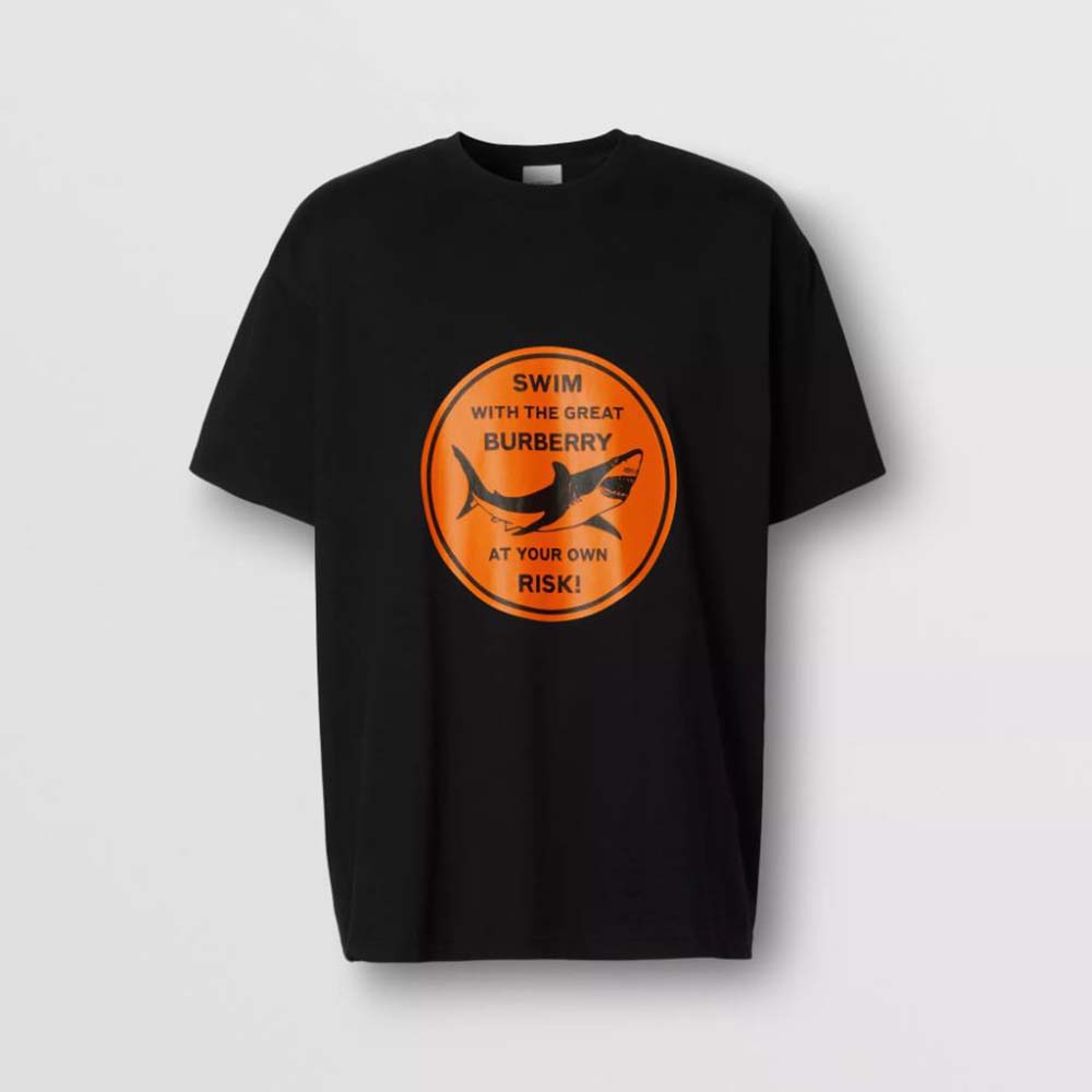 Front view of Burberry Men Shark Graphic Cotton Oversized T-shirt-Black
