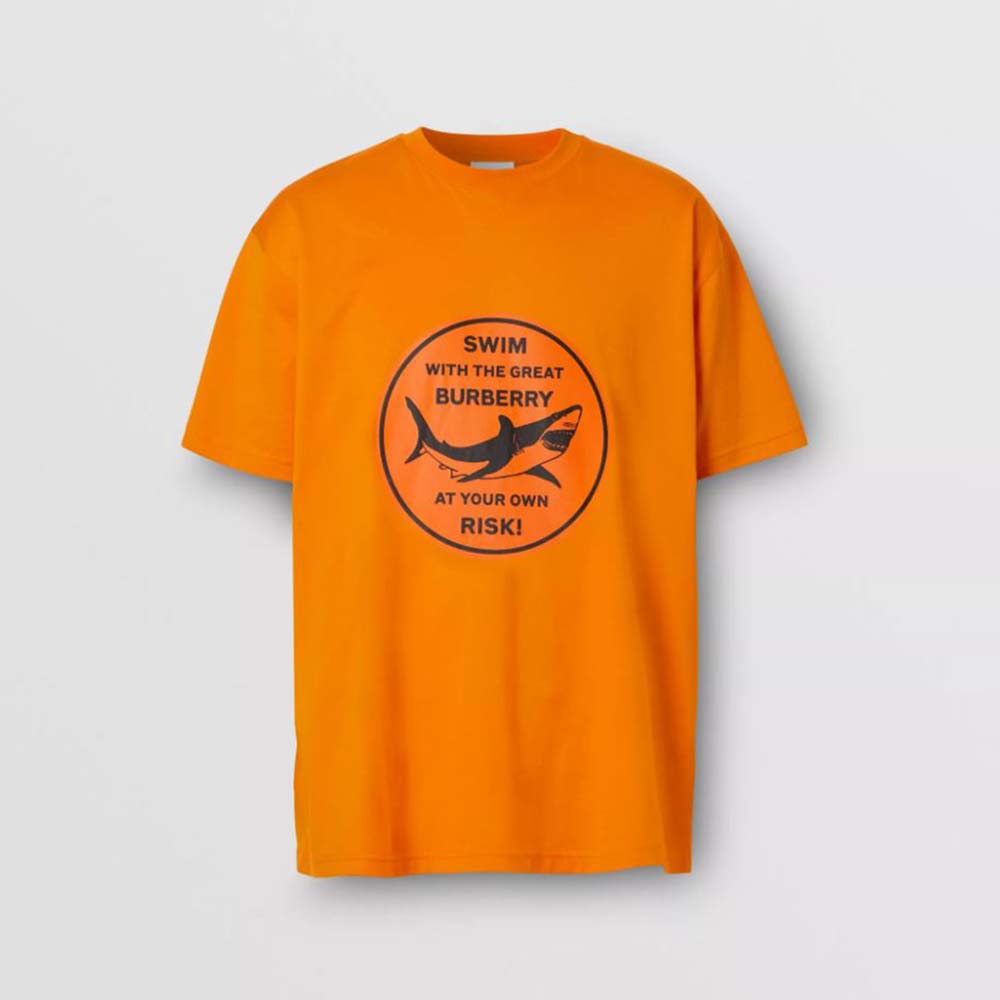 Front angle of Burberry Men Shark Graphic Cotton Oversized T-shirt-Orange