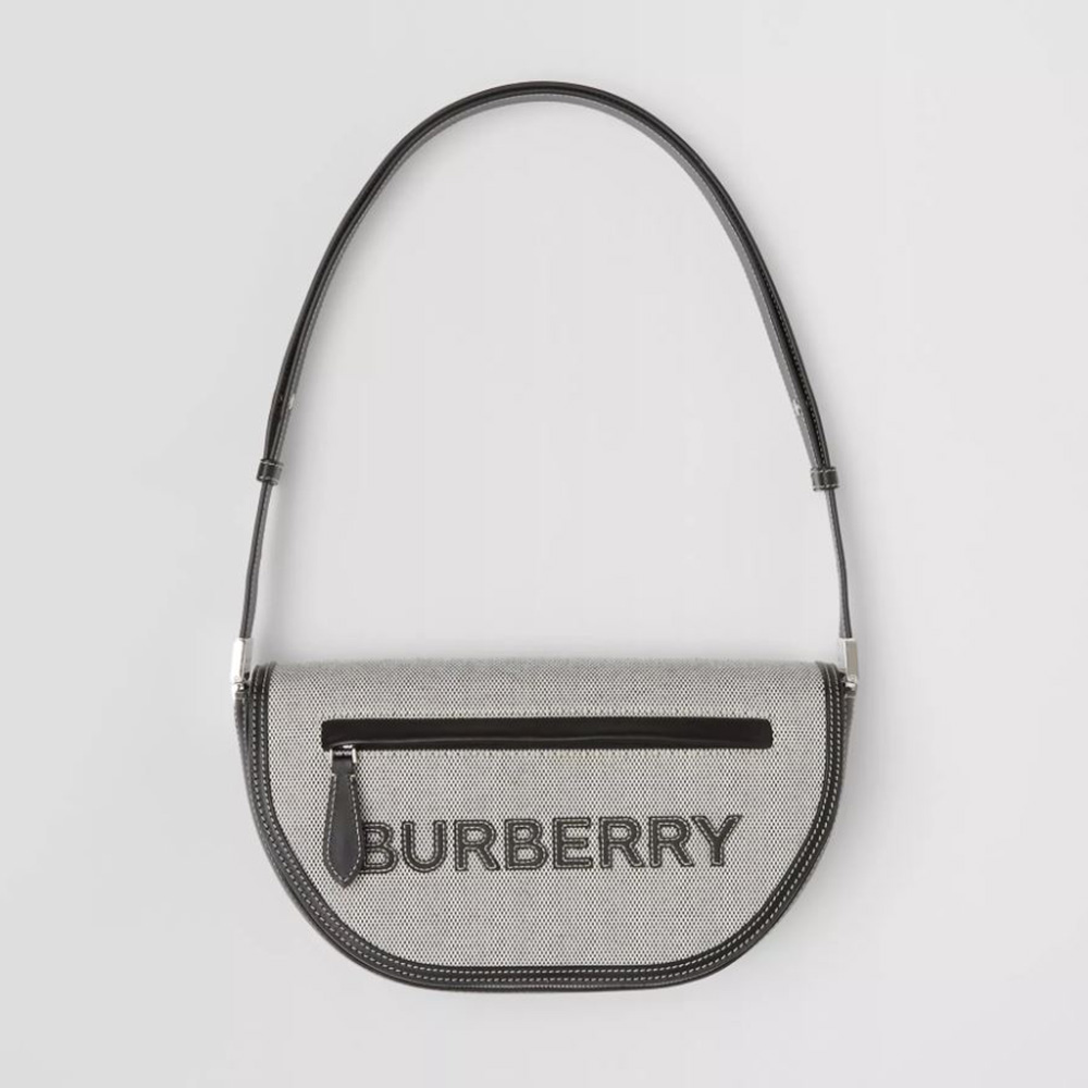 Front view of Burberry Women Small Cotton Canvas and Leather Olympia Bag in silver