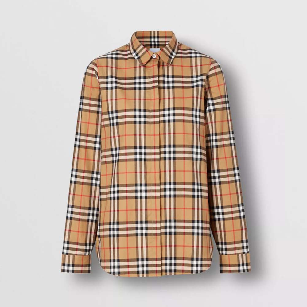 Front view of Burberry Women Vintage Check Cotton Oversized Shirt in beige