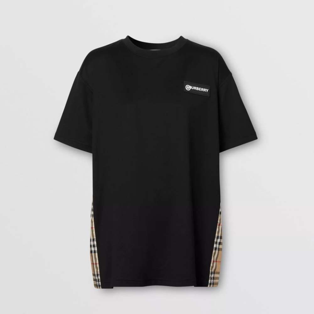 Front view of Burberry Men Vintage Check Panel Cotton Oversized T-shirt in black