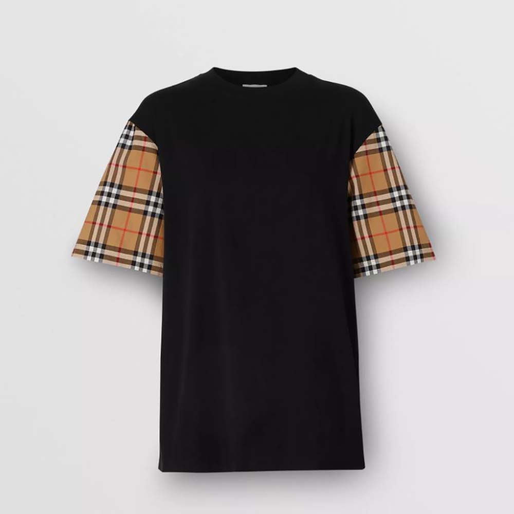 Front view of Burberry Men Vintage Check Sleeve Cotton T-shirt-Black