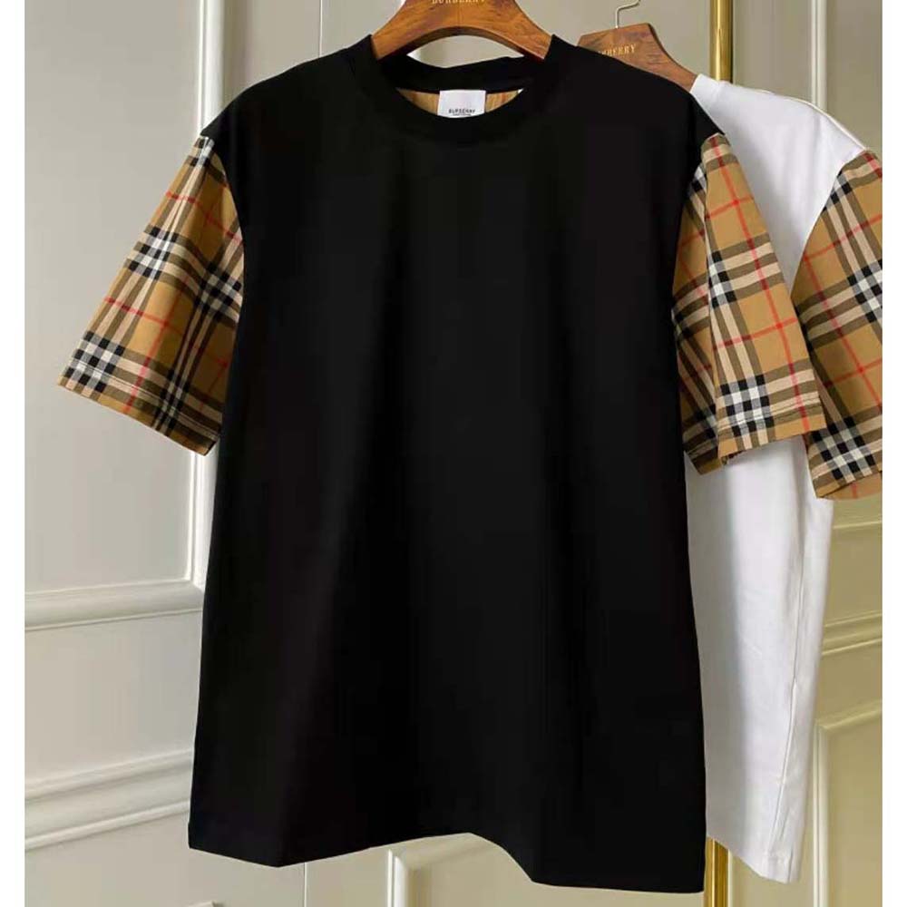 Close-up of vintage check sleeve detail on Burberry cotton T-shirt