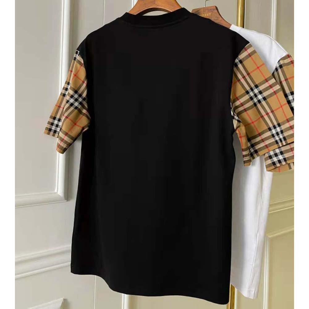 Side angle showing fit of Burberry Men Vintage Check Sleeve Cotton T-shirt-Black