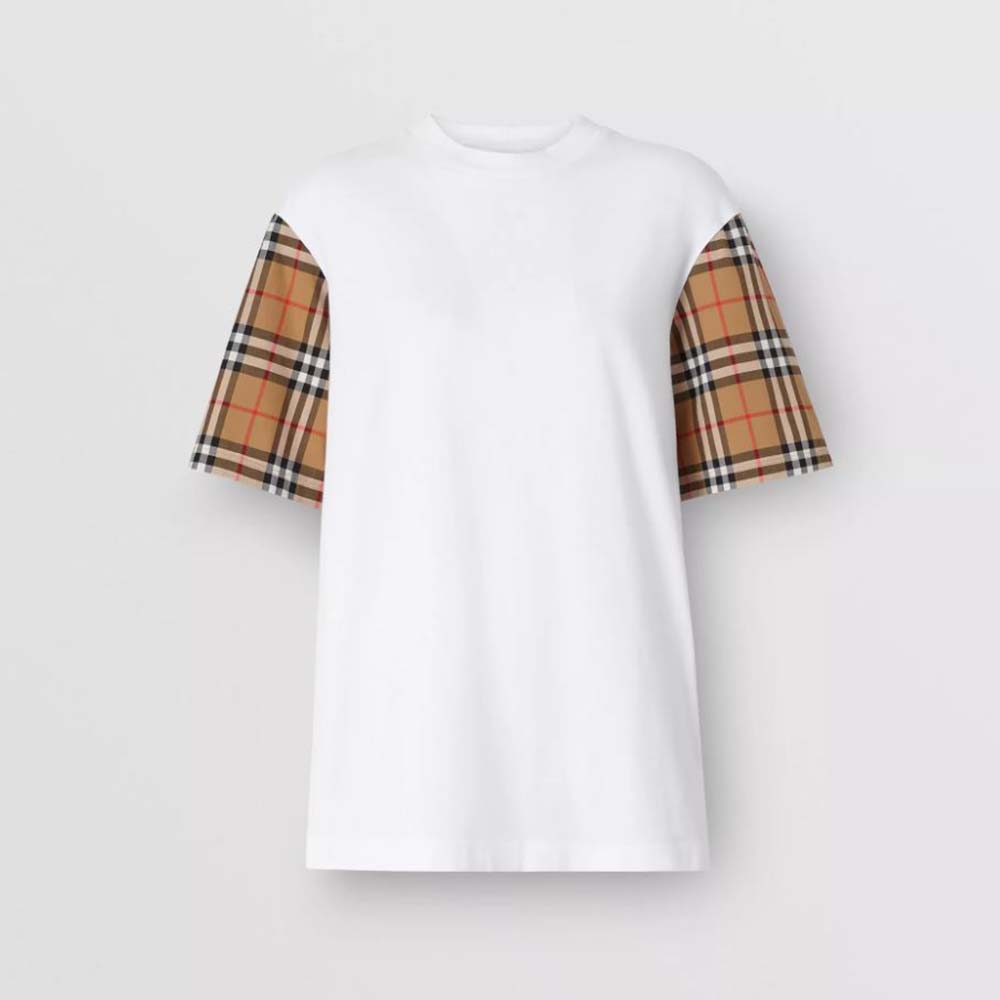 Front view of Burberry Women Vintage Check Sleeve Cotton T-shirt-White